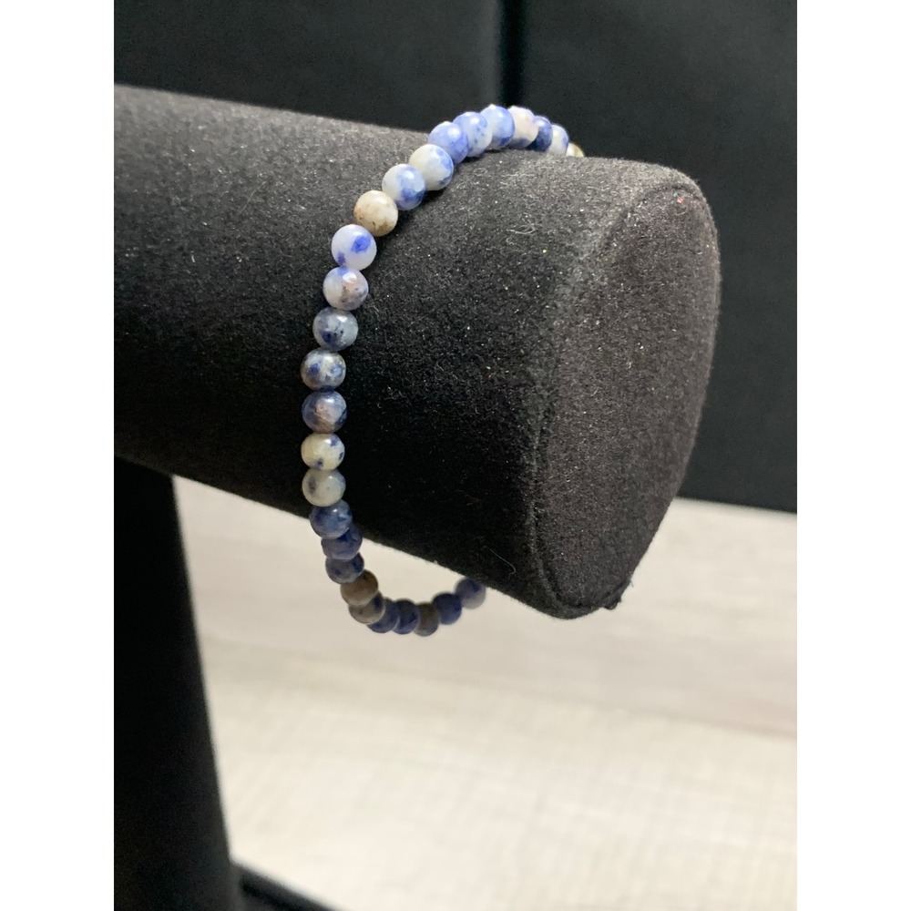 Natural Sodalite Blue White Stone Bead Stretch Bracelet Minimalist 6.5 Inch